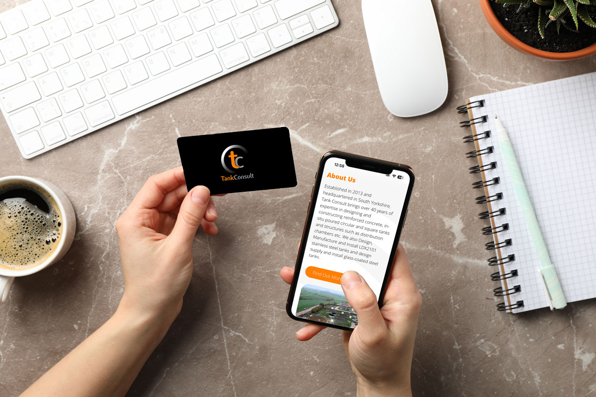 Embracing innovation for a greener tomorrow with Tank Consult’s digital business card shown on a phone.